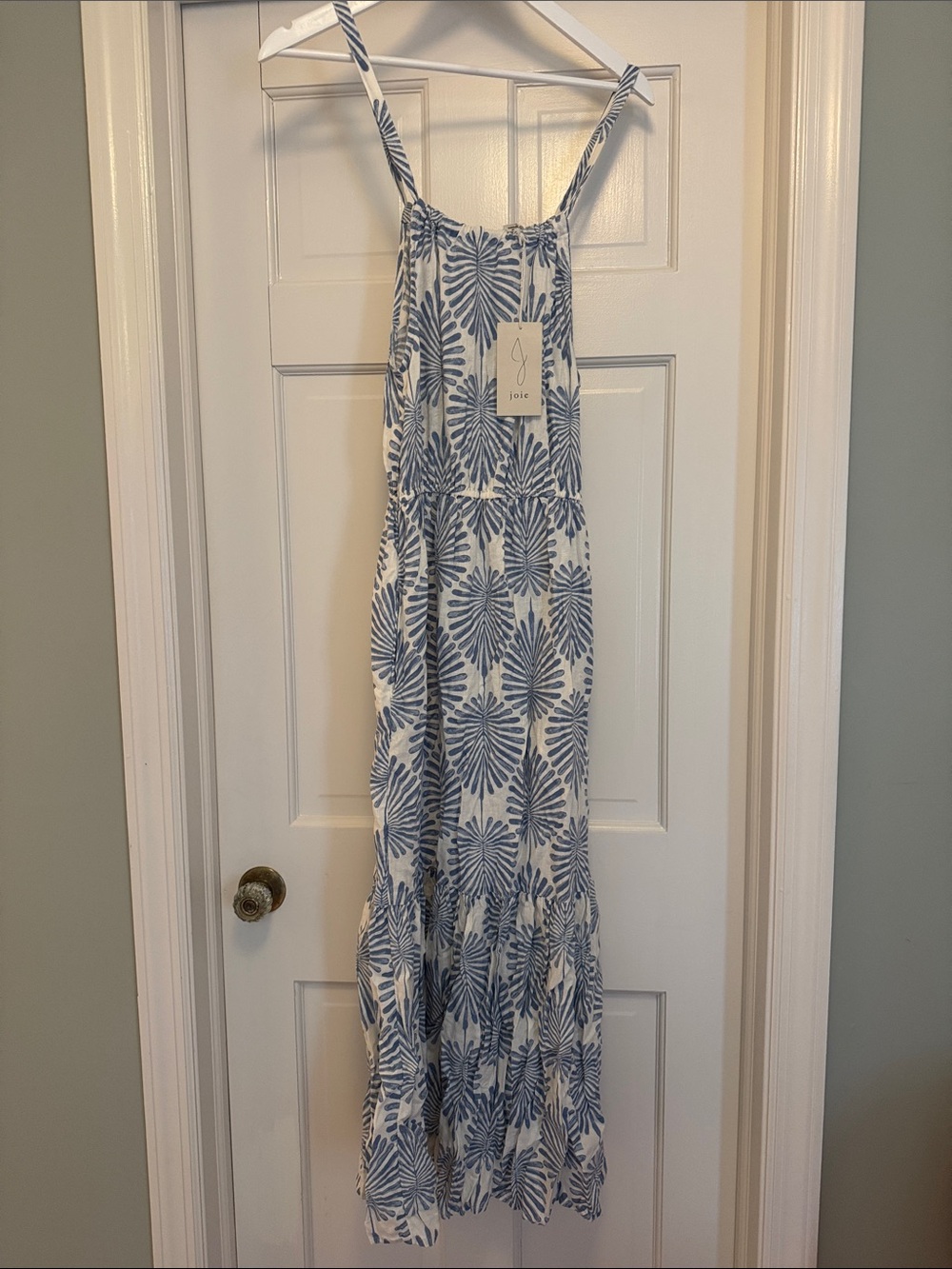 NWT Joie White Maxi Dress with Blue Palm Motif